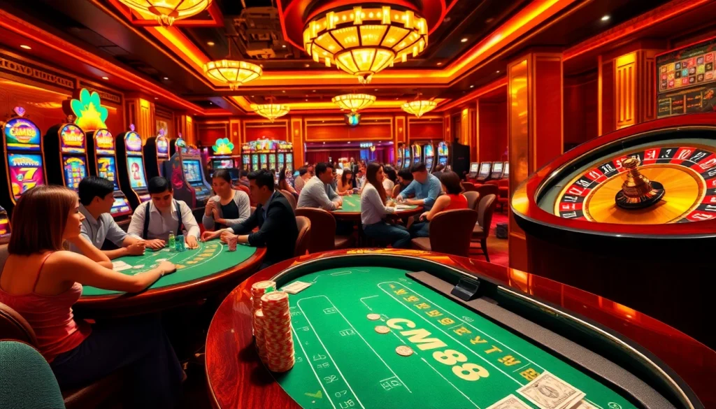 Experience the thrill of cm88 gambling with players at a vibrant casino poker table and exciting slot machines.