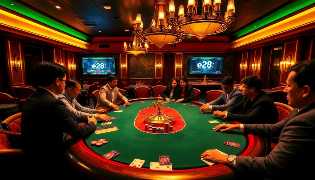 Experience the thrill of a high-stakes poker game at a casino table featuring 'e28' chips and vibrant poker action.
