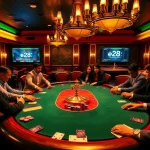 Experience the thrill of a high-stakes poker game at a casino table featuring 'e28' chips and vibrant poker action.