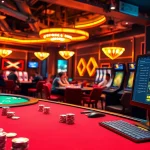 Experience the excitement at i1dompet online casino with engaging players at poker tables, vibrant slots, and thrilling roulette.