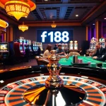 Experience the thrill of winning at the f168 casino with vibrant slot machines and excited players at the roulette table.