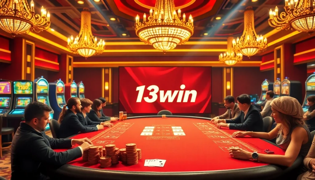 Experience the thrill at the 13win poker table, with players strategizing in a luxurious casino setting.