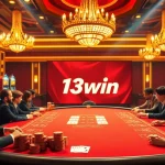 Experience the thrill at the 13win poker table, with players strategizing in a luxurious casino setting.