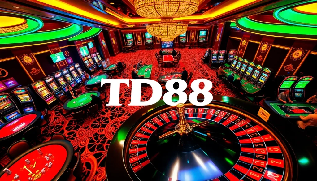 TD88 casino scene capturing gamers at poker tables and slot machines, showcasing the excitement of high-stakes gambling.