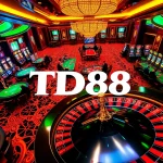TD88 casino scene capturing gamers at poker tables and slot machines, showcasing the excitement of high-stakes gambling.