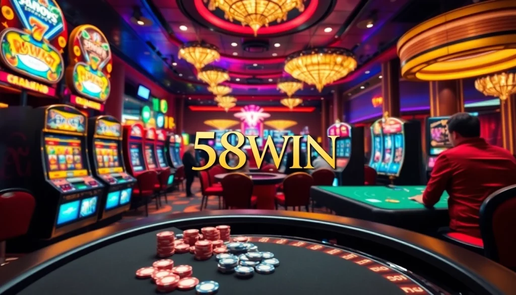 Experience the thrill of winning with 58WIN at the elegant casino tables featuring slot machines and vibrant poker games.
