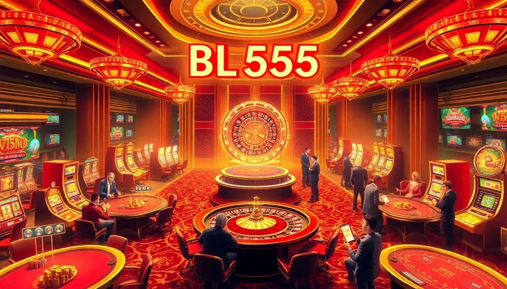 Experience the exhilarating atmosphere of BL555 casino with players at vibrant gambling tables and exciting slot machines.