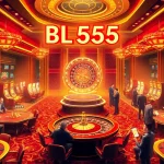 Experience the exhilarating atmosphere of BL555 casino with players at vibrant gambling tables and exciting slot machines.