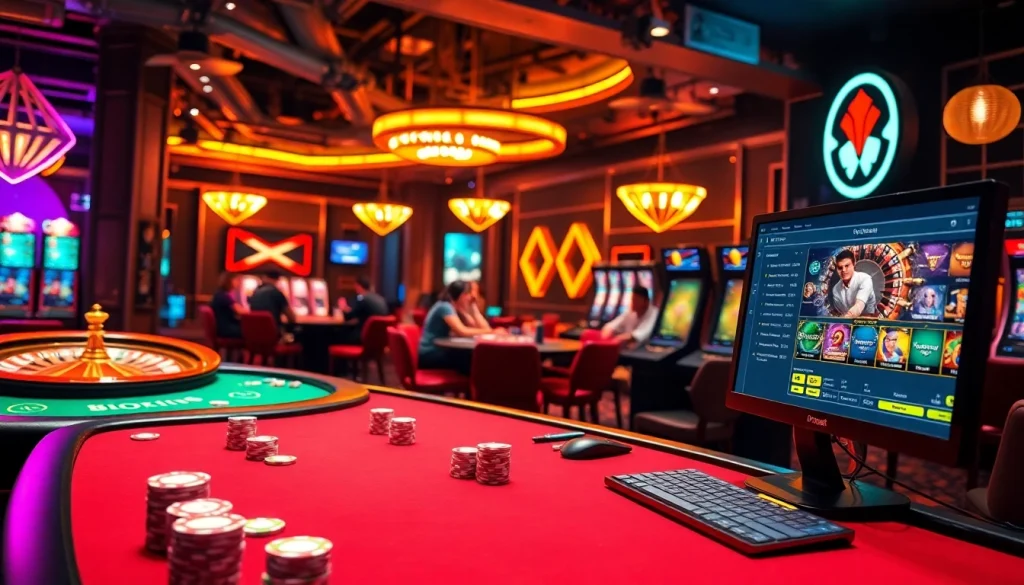 Experience the excitement at i1dompet online casino with engaging players at poker tables, vibrant slots, and thrilling roulette.