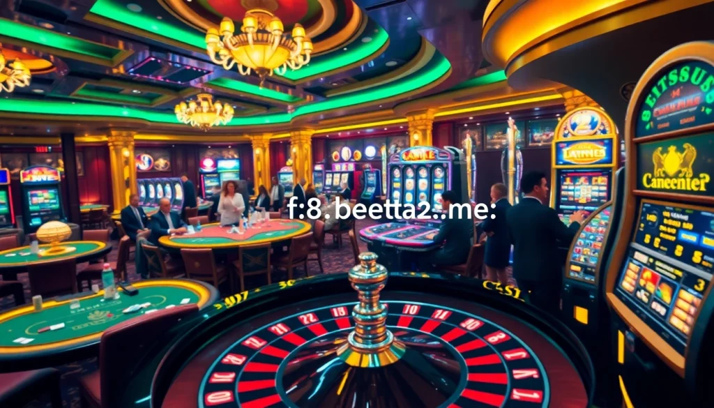 The vibrant casino scene featuring a roulette wheel and players engaged in action at various tables on https://f8beta2.me/ for an exhilarating gambling experience.