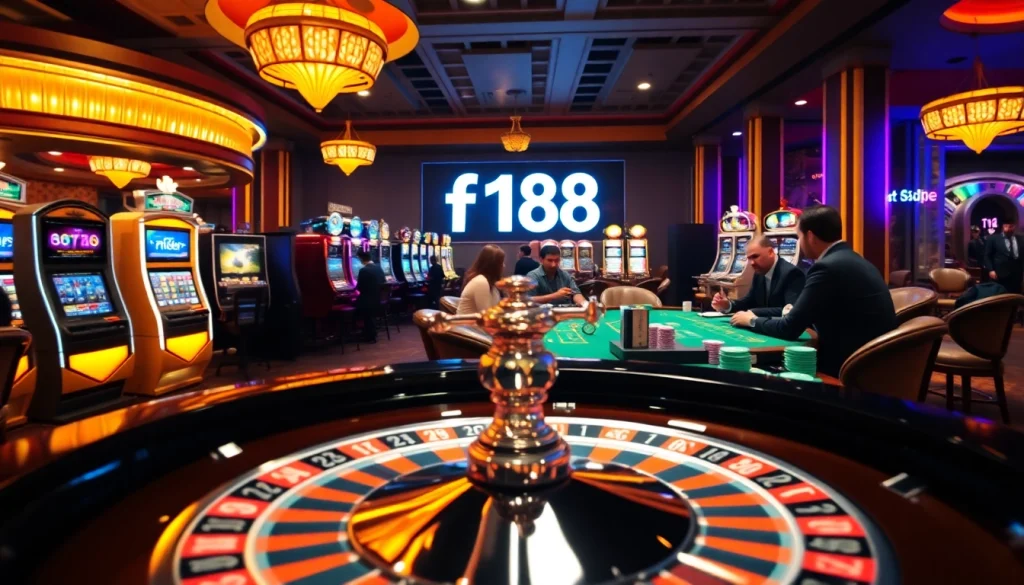 Experience the thrill of winning at the f168 casino with vibrant slot machines and excited players at the roulette table.