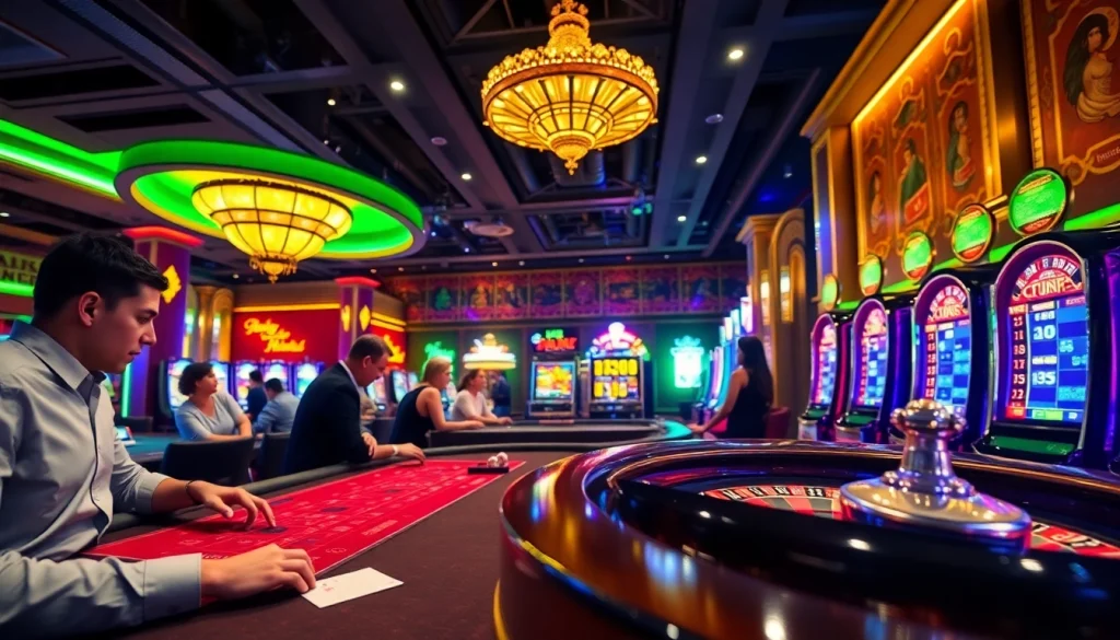 Experience the excitement of winning at 188V with players enjoying poker and roulette at a bustling casino.