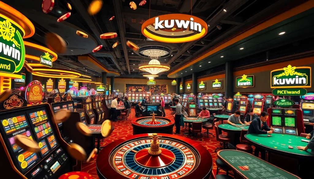 Engage in the excitement of kuwin with vibrant casino games featuring poker chips and a spinning roulette wheel.