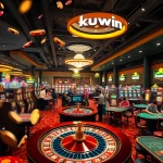 Engage in the excitement of kuwin with vibrant casino games featuring poker chips and a spinning roulette wheel.