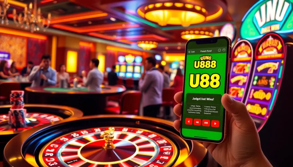 U888 online casino scene featuring an electrifying roulette table and vibrant slot machines celebrating big wins.