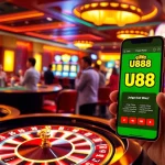U888 online casino scene featuring an electrifying roulette table and vibrant slot machines celebrating big wins.