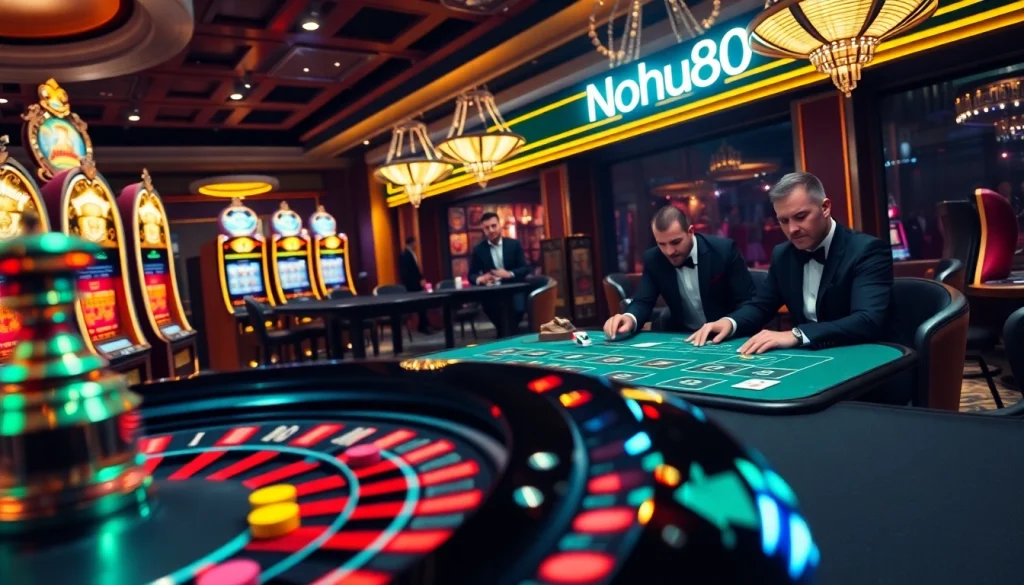 Nohu90 showcases an exciting roulette game in a luxurious casino, highlighting the thrill of gambling and chance.