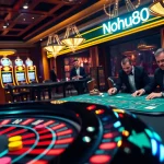 Nohu90 showcases an exciting roulette game in a luxurious casino, highlighting the thrill of gambling and chance.