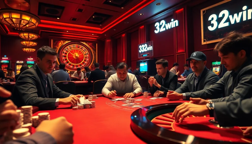 Experience the thrill at 32win casino as players engage in an intense poker game surrounded by vibrant slots and a roulette wheel.