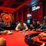 Experience the thrill at 32win casino as players engage in an intense poker game surrounded by vibrant slots and a roulette wheel.