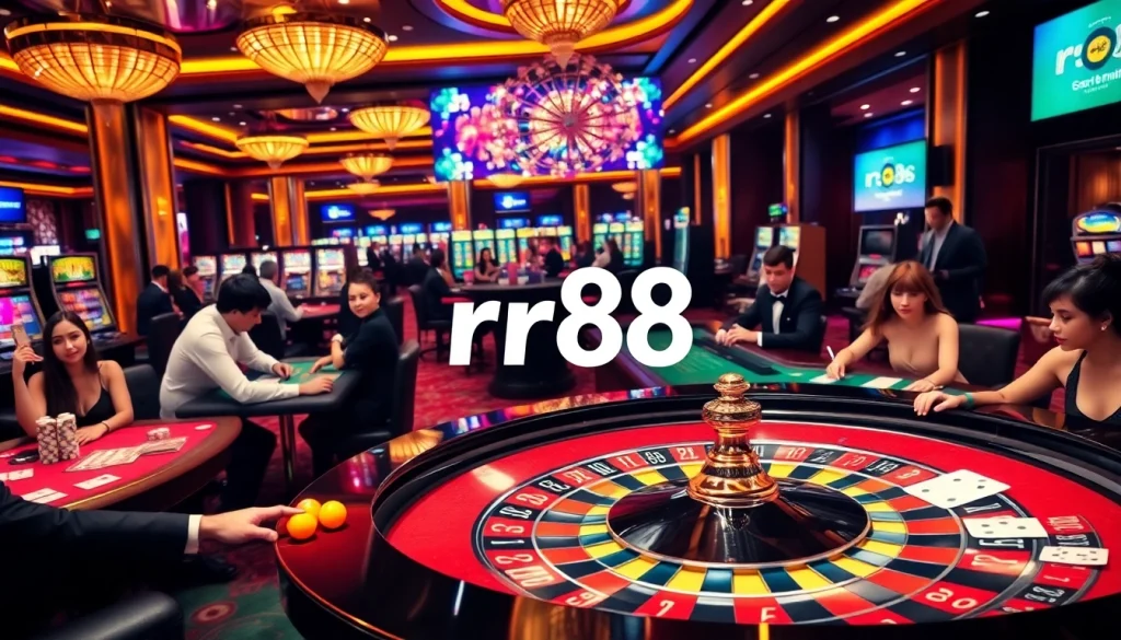 Experience the thrill at rr88 with players engaged in intense games at a luxurious casino.