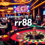 Experience the thrill at rr88 with players engaged in intense games at a luxurious casino.