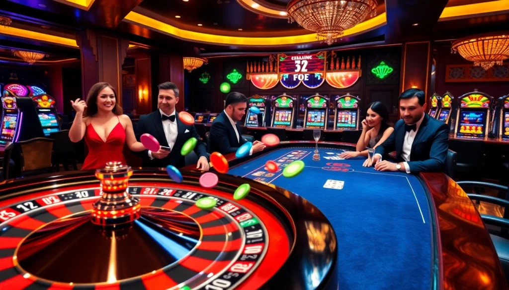 Experience the thrill of gambling at 39bet with vibrant casino games and excited players at the roulette wheel.