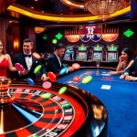 Experience the thrill of gambling at 39bet with vibrant casino games and excited players at the roulette wheel.