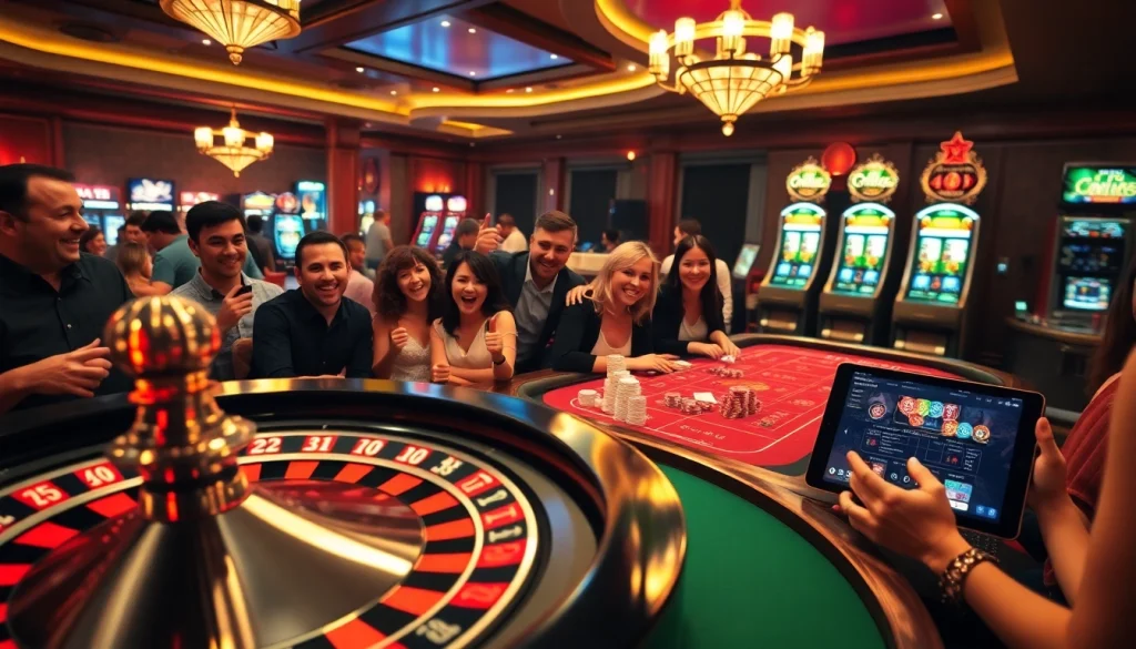 Experience excitement at a casino featuring Viral88 gaming tables, roulette wheels, and players winning big.