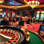 Experience excitement at a casino featuring Viral88 gaming tables, roulette wheels, and players winning big.