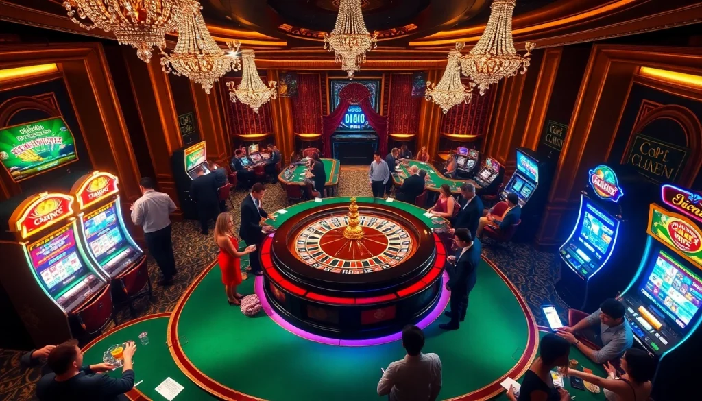 The gaming area of trang chủ UU88 showcases players betting at a luxurious casino table with roulette wheels and stunning slot machines.
