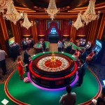 The gaming area of trang chủ UU88 showcases players betting at a luxurious casino table with roulette wheels and stunning slot machines.