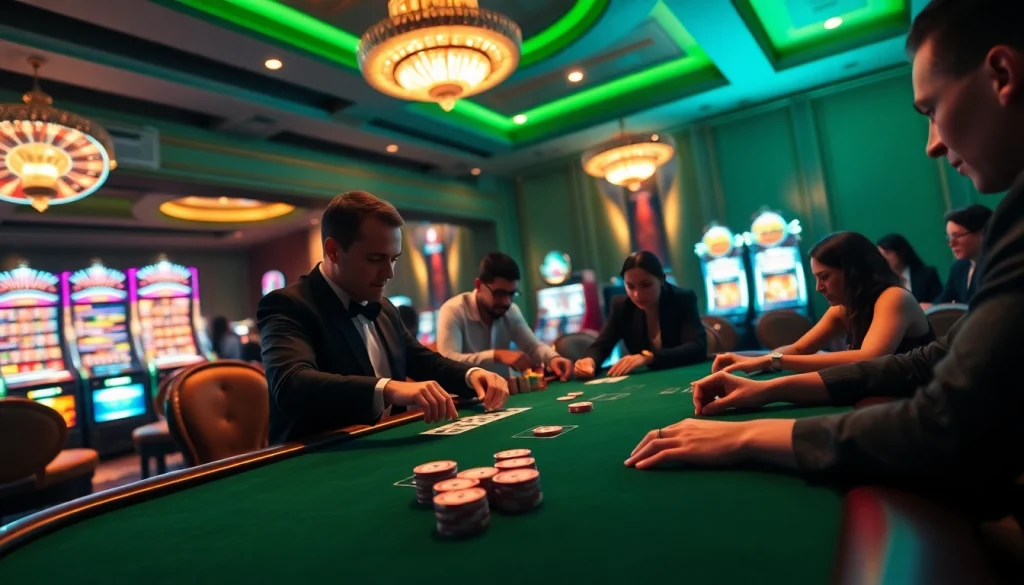Experience the exhilarating atmosphere of a casino at https://go8.sa.com/ with players engaged in thrilling poker games at a luxurious table.