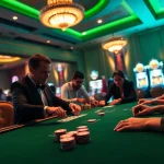 Experience the exhilarating atmosphere of a casino at https://go8.sa.com/ with players engaged in thrilling poker games at a luxurious table.