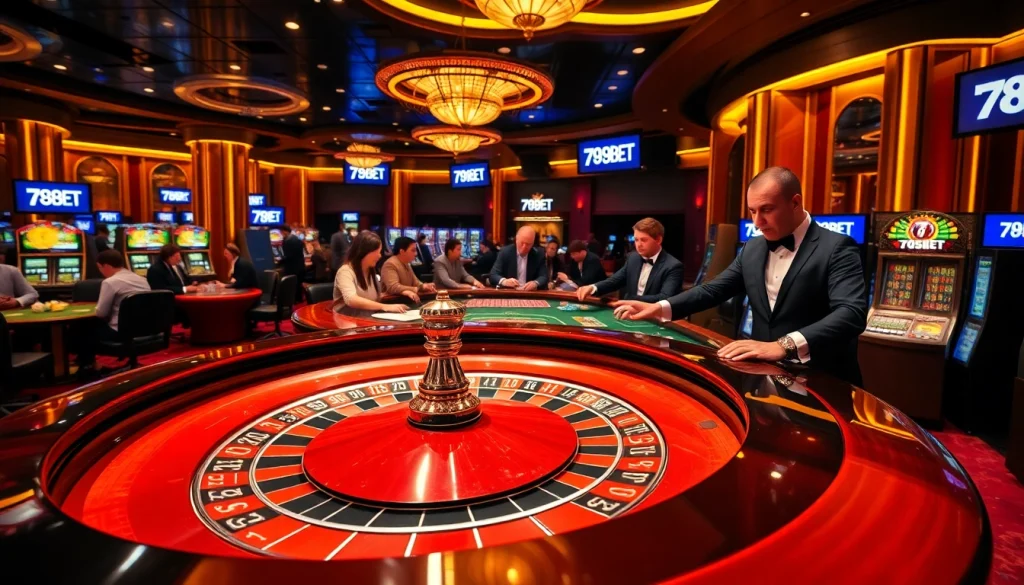 Experience the excitement of 789BET at a bustling roulette table, where players engage in thrilling bets amidst a luxurious casino setting.