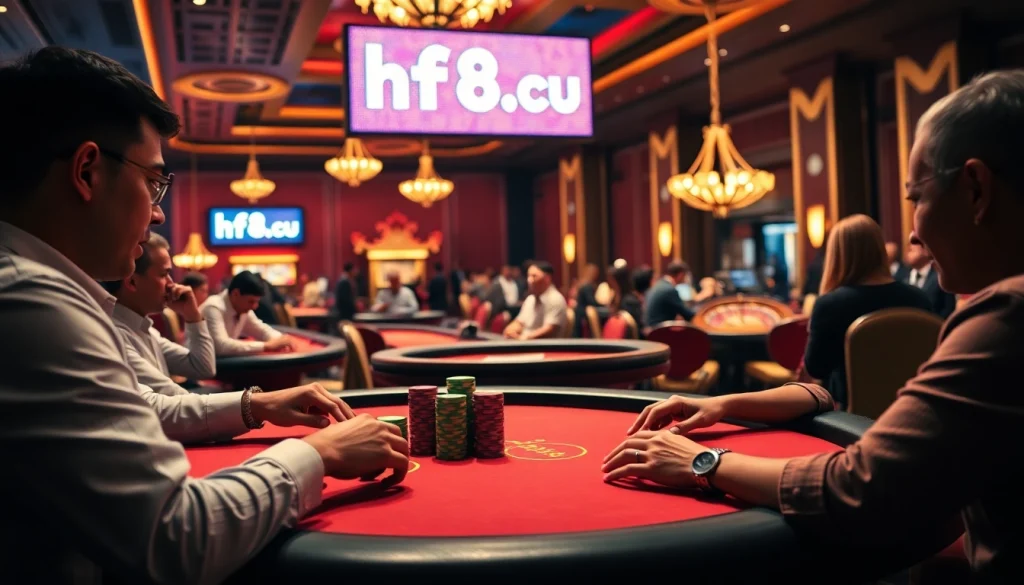Experience the thrilling atmosphere at the hf88 icu casino with players engaging in intense poker action.