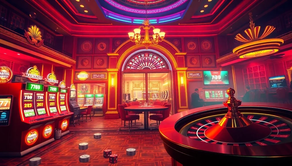The thrilling moment of 789bet login at a vibrant casino, capturing players immersed in action with roulette and slots.