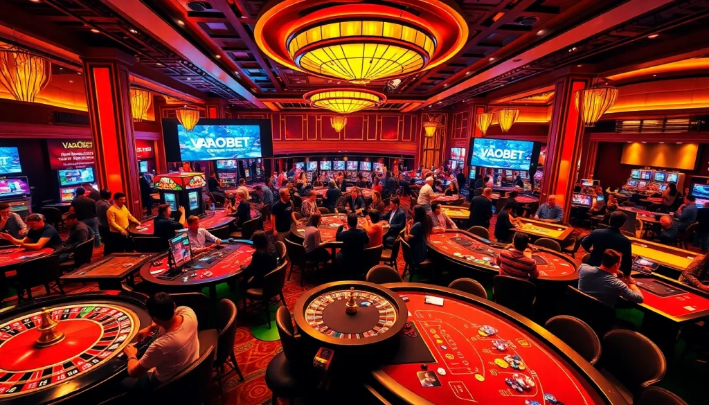 VAOBET casino environment with players celebrating wins at vibrant tables, capturing excitement and luxury in gambling.
