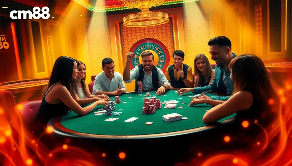 Experience thrilling gameplay at cm88’s vibrant casino table, with colorful poker chips and engaged players.