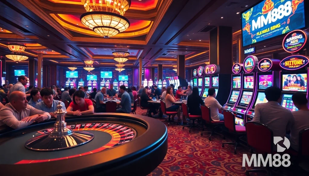 MM88 showcases players thrillingly betting at a lively casino, featuring dynamic tables and vibrant slot machines.