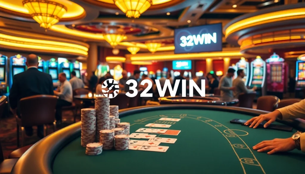 Experience high-stakes gameplay at 32WIN’s upscale casino, where players cheer with excitement over card games and slot machines.
