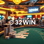 Experience high-stakes gameplay at 32WIN’s upscale casino, where players cheer with excitement over card games and slot machines.
