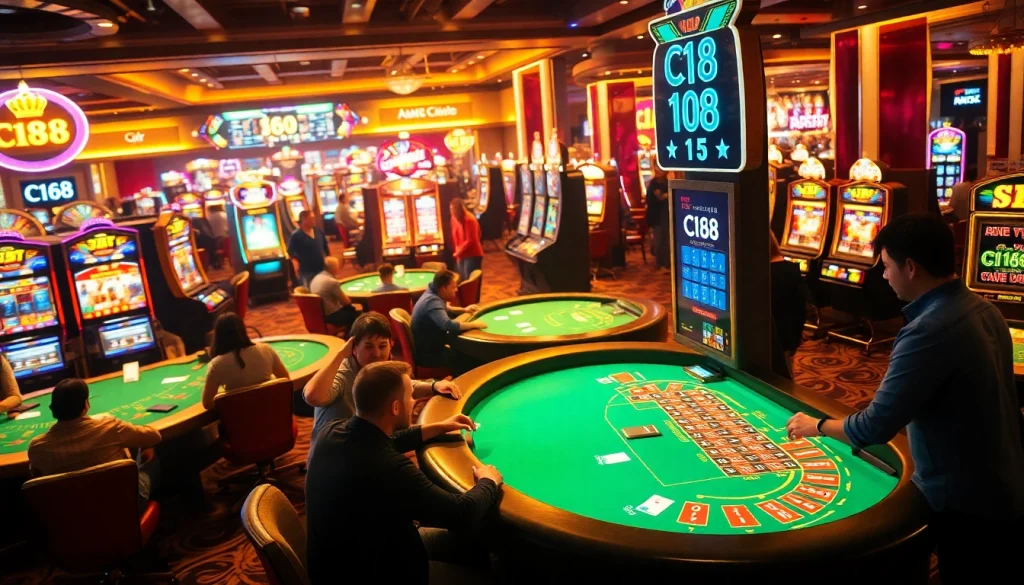 C168 gaming table attracts players at a lively casino, showcasing an exciting atmosphere of card games and celebrations.
