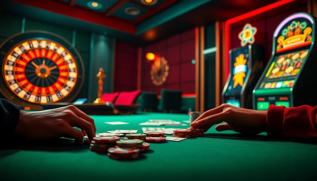 Experience the thrill of KUWIN gambling with a vibrant casino scene featuring poker, chips, and roulette.