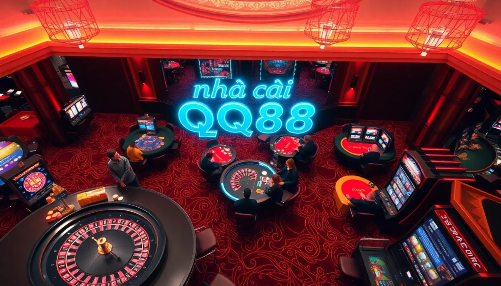 Experience high-stakes action at nhà cái qq88, where players engage at roulette and poker tables amid a dazzling casino backdrop.