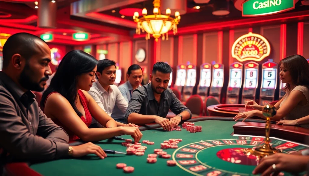 xx88 Casino featuring engaged poker players and vibrant slot machines, capturing the thrill of gambling.