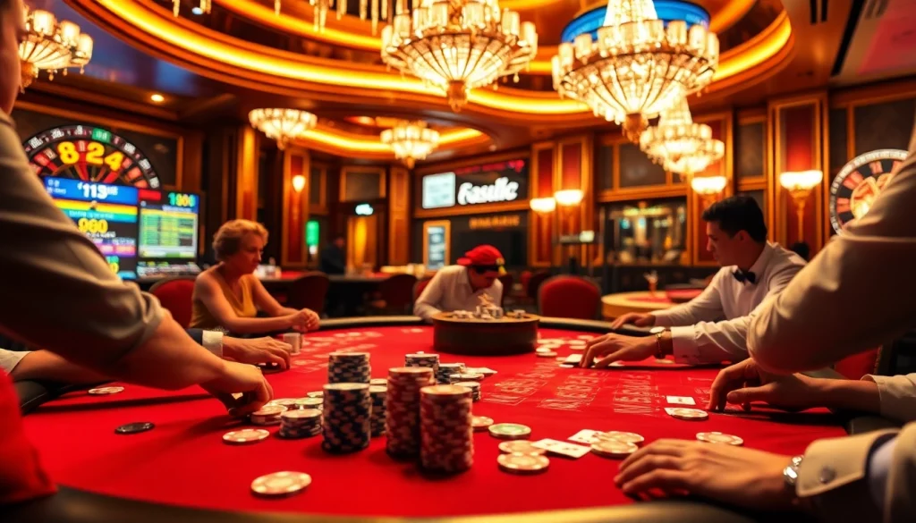 Intense gameplay at a poker table in a vibrant casino featuring 88aa signage, colorful chips, and cards.