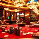 Intense gameplay at a poker table in a vibrant casino featuring 88aa signage, colorful chips, and cards.