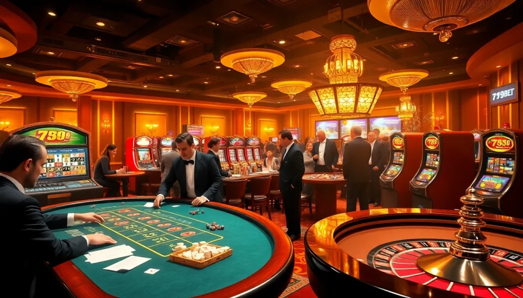 Experience the thrilling atmosphere of 789BET casino with players engaging in poker, roulette, and slot machines.