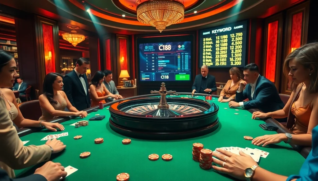 Players engaging at a casino table with the keyword C168 displayed on a screen, showcasing excitement and betting actions.